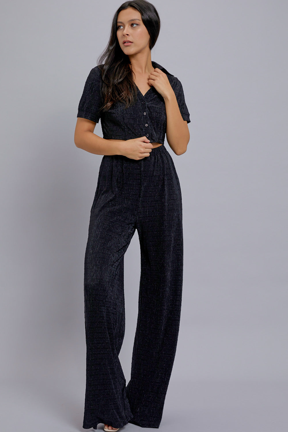 Short Sleeve Button Down Top with Pants Set