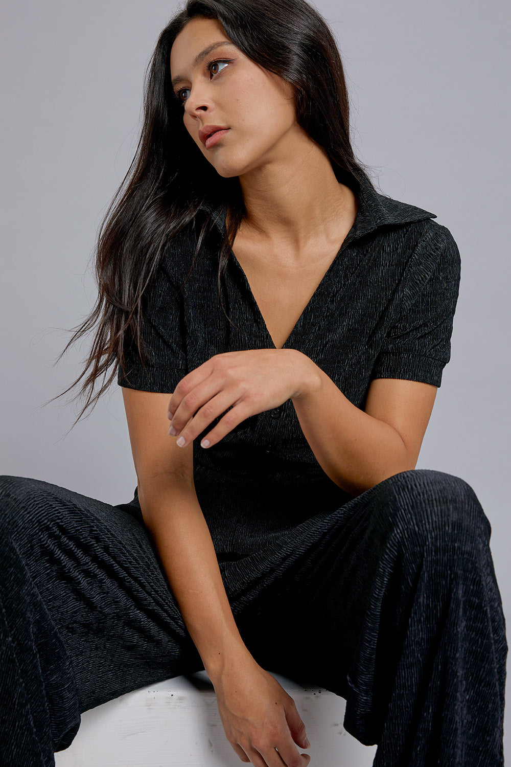 Short Sleeve Button Down Top with Pants Set