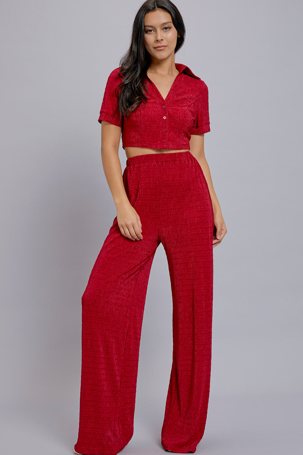 Short Sleeve Button Down Top with Pants Set