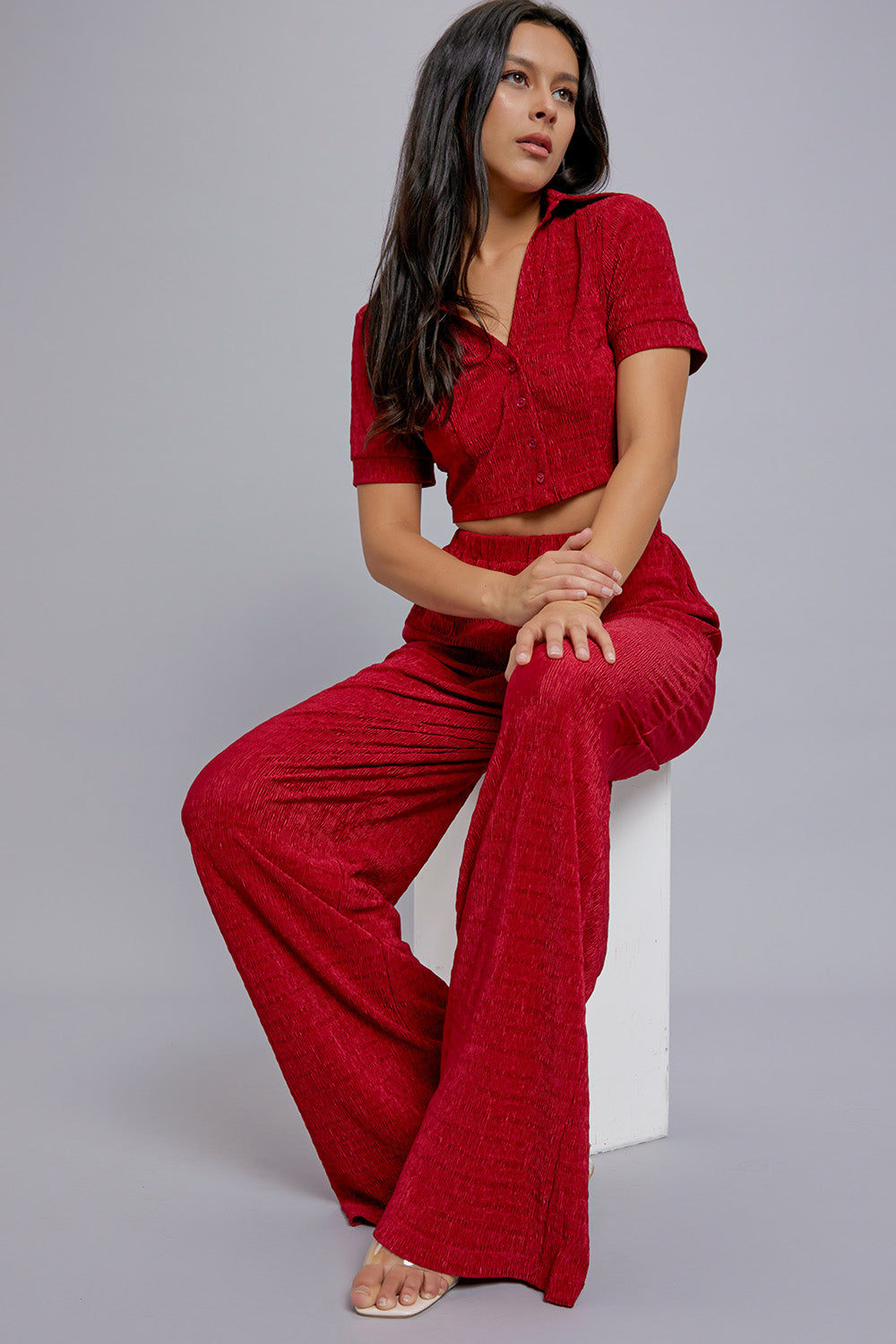 Short Sleeve Button Down Top with Pants Set