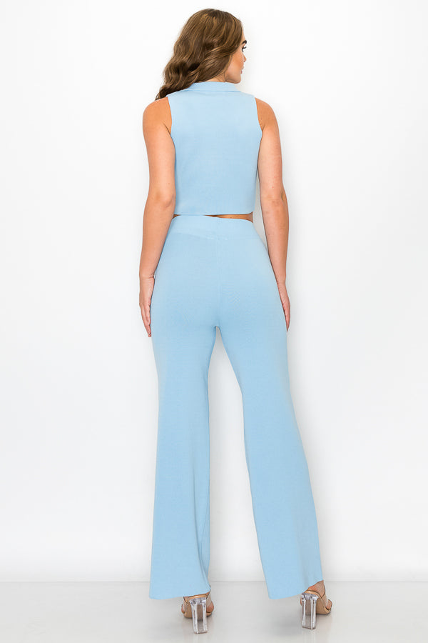 Sleeveless Collar Crop Top and Pants Set