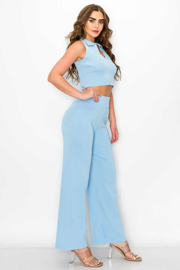 Sleeveless Collar Crop Top and Pants Set