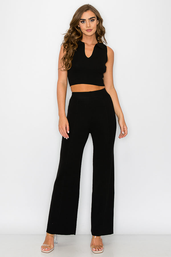 Sleeveless Collar Crop Top and Pants Set