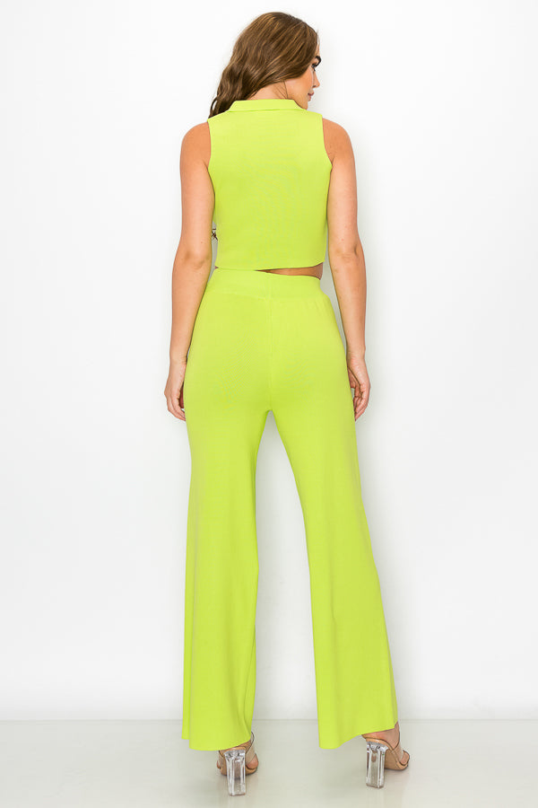 Sleeveless Collar Crop Top and Pants Set
