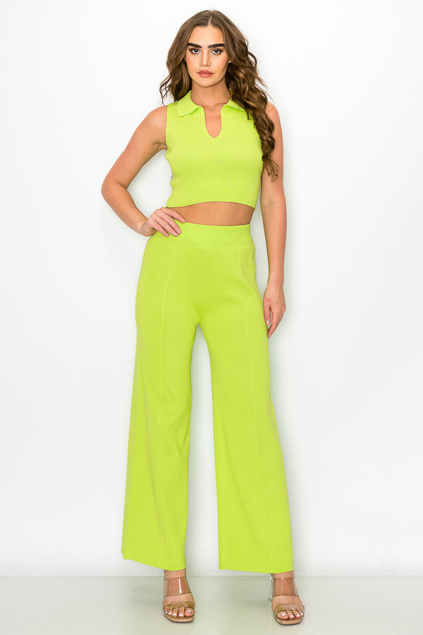 Sleeveless Collar Crop Top and Pants Set