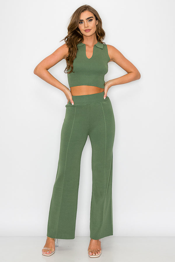 Sleeveless Collar Crop Top and Pants Set