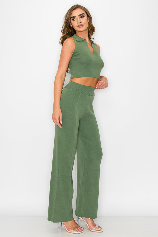 Sleeveless Collar Crop Top and Pants Set