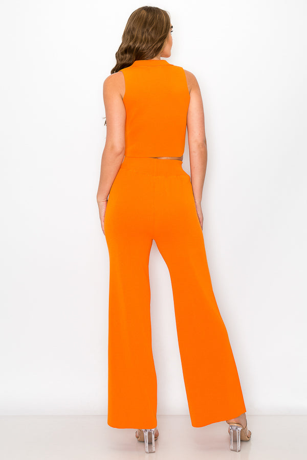 Sleeveless Collar Crop Top and Pants Set