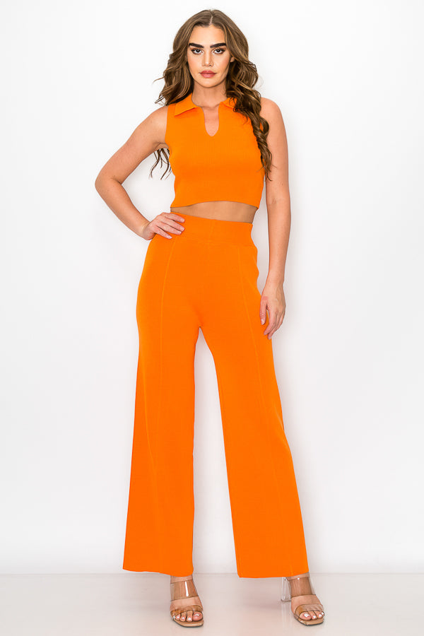 Sleeveless Collar Crop Top and Pants Set