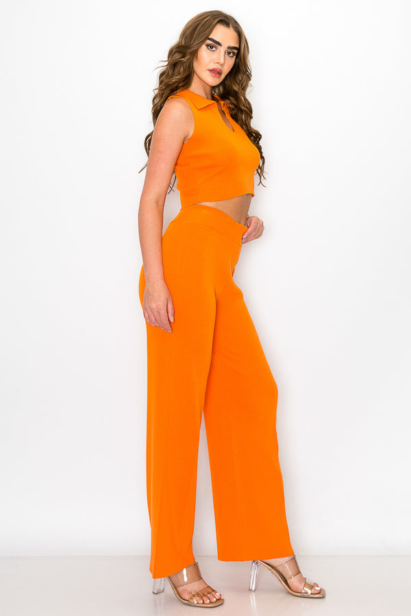 Sleeveless Collar Crop Top and Pants Set