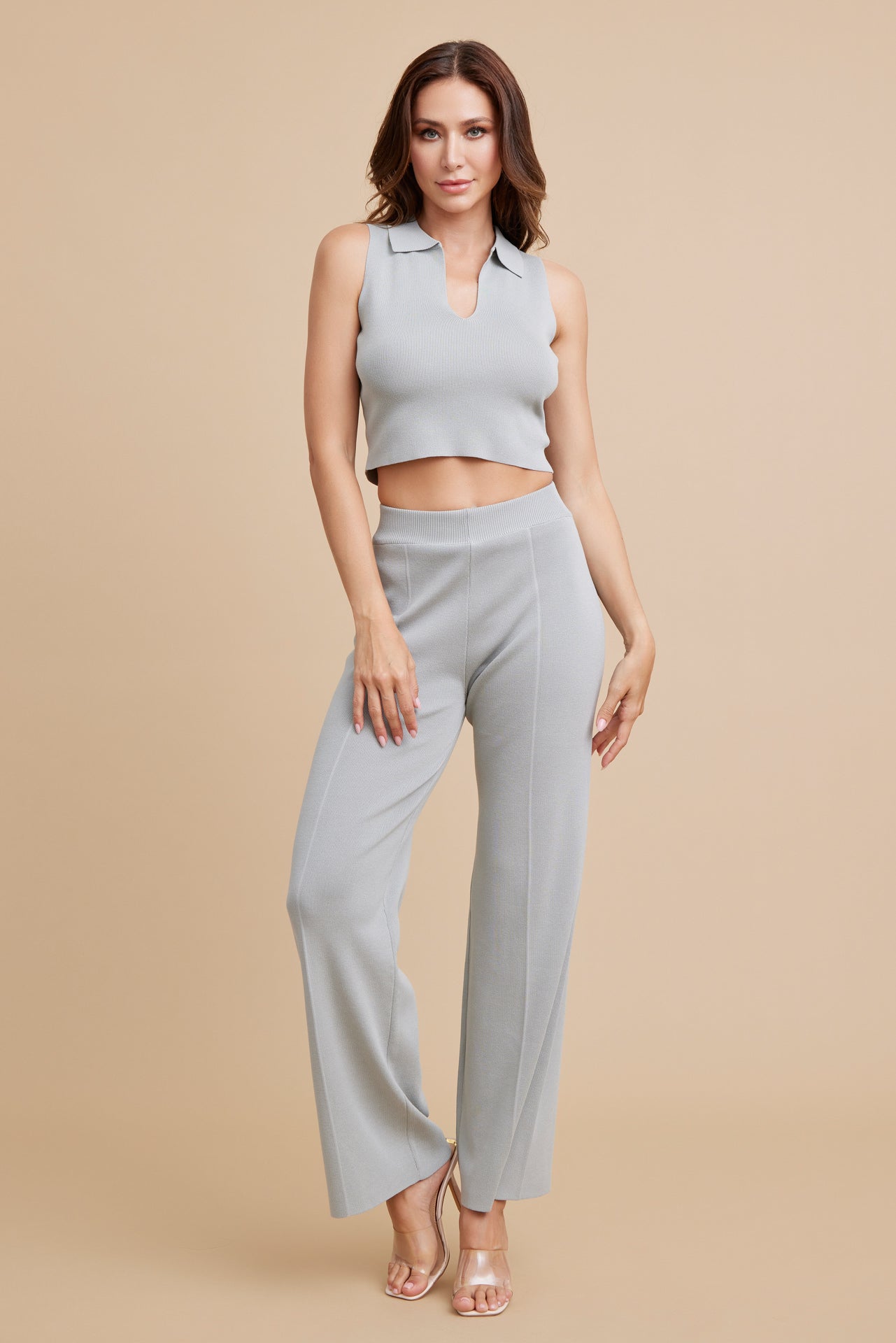 Sleeveless Collar Crop Top and Pants Set