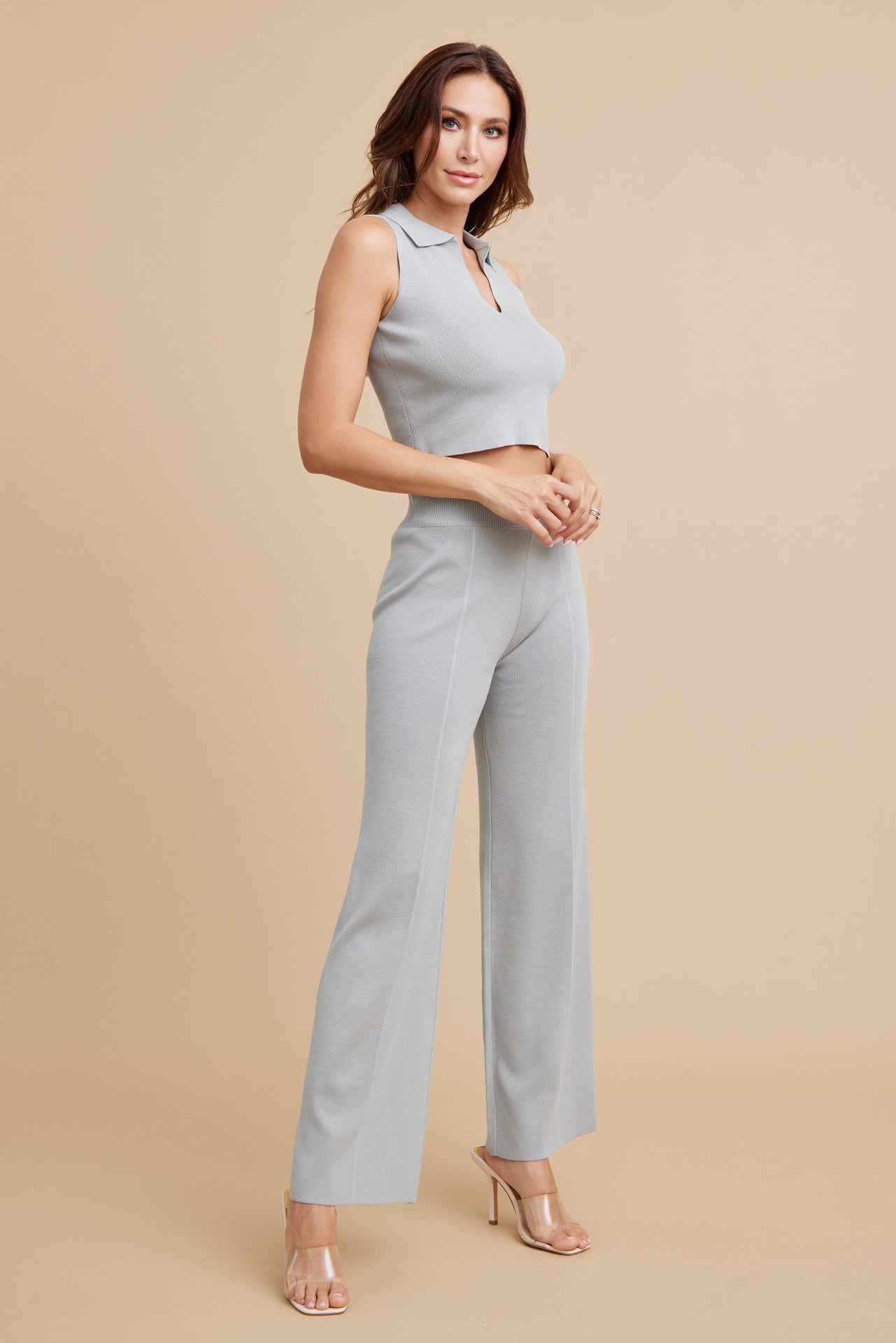Sleeveless Collar Crop Top and Pants Set