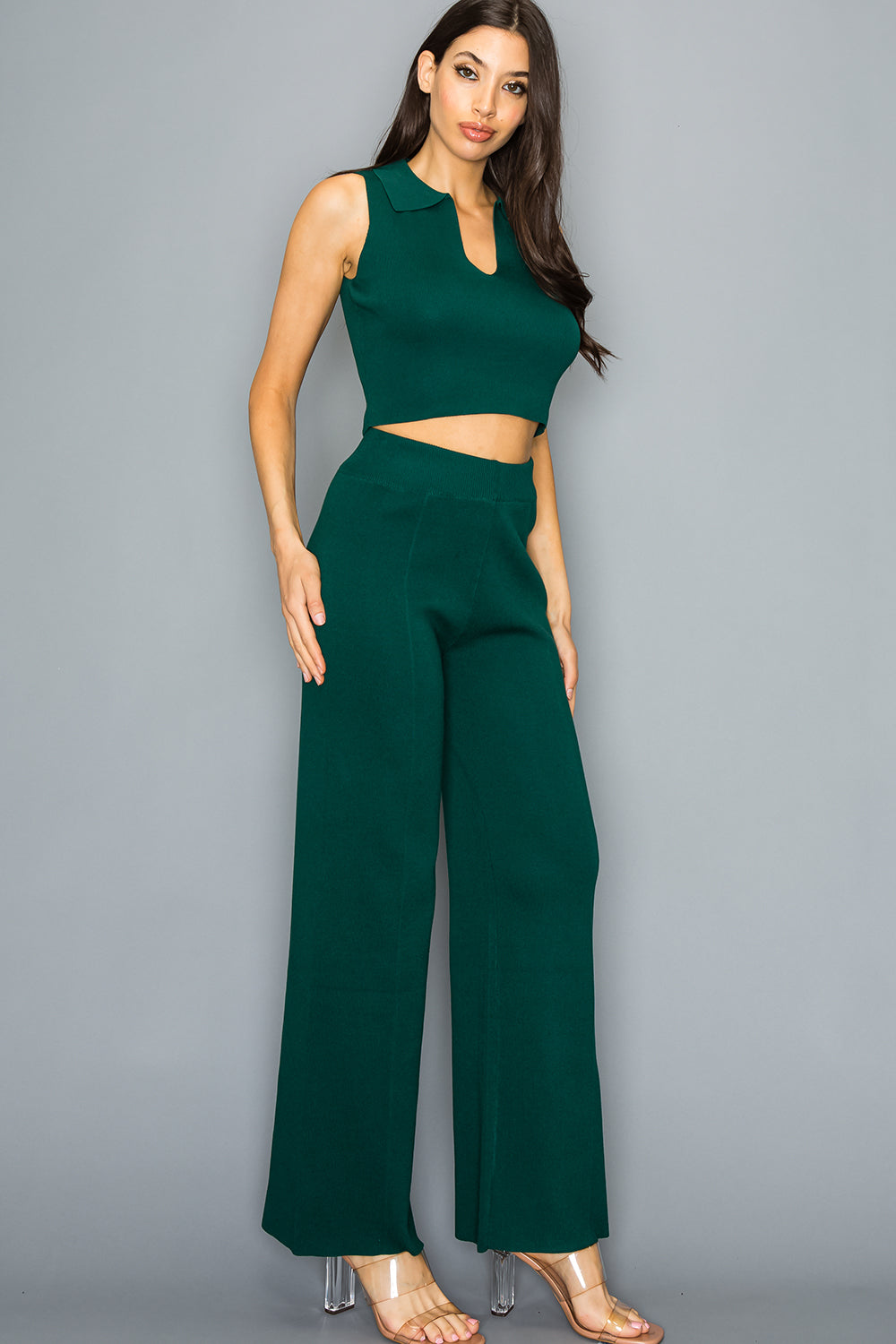 Sleeveless Collar Crop Top and Pants Set