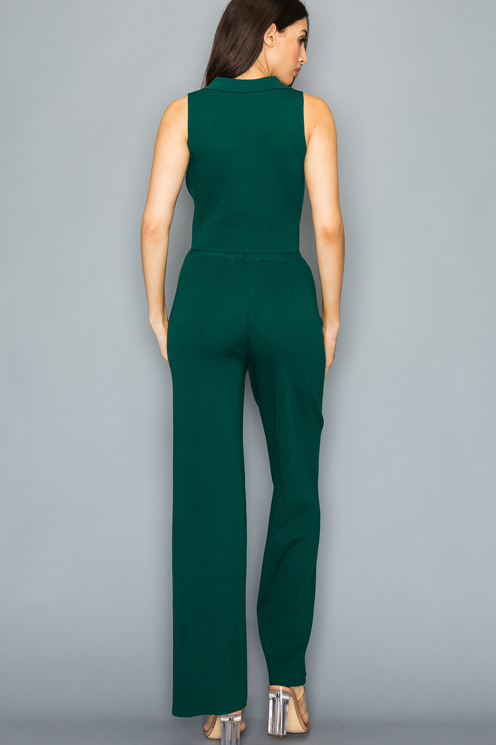 Sleeveless Collar Crop Top and Pants Set