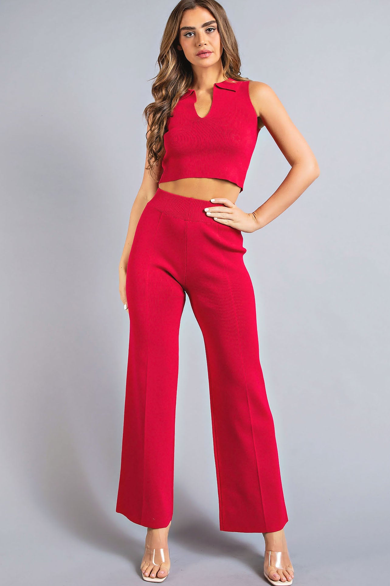 Sleeveless Collar Crop Top and Pants Set
