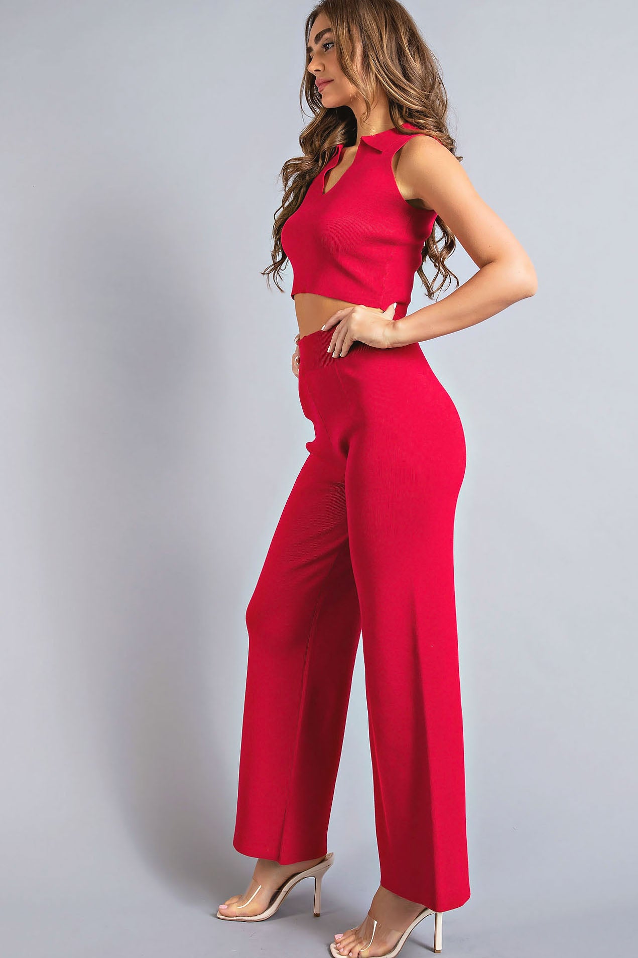 Sleeveless Collar Crop Top and Pants Set