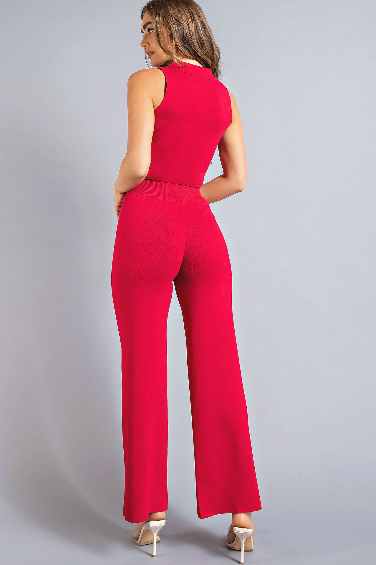 Sleeveless Collar Crop Top and Pants Set