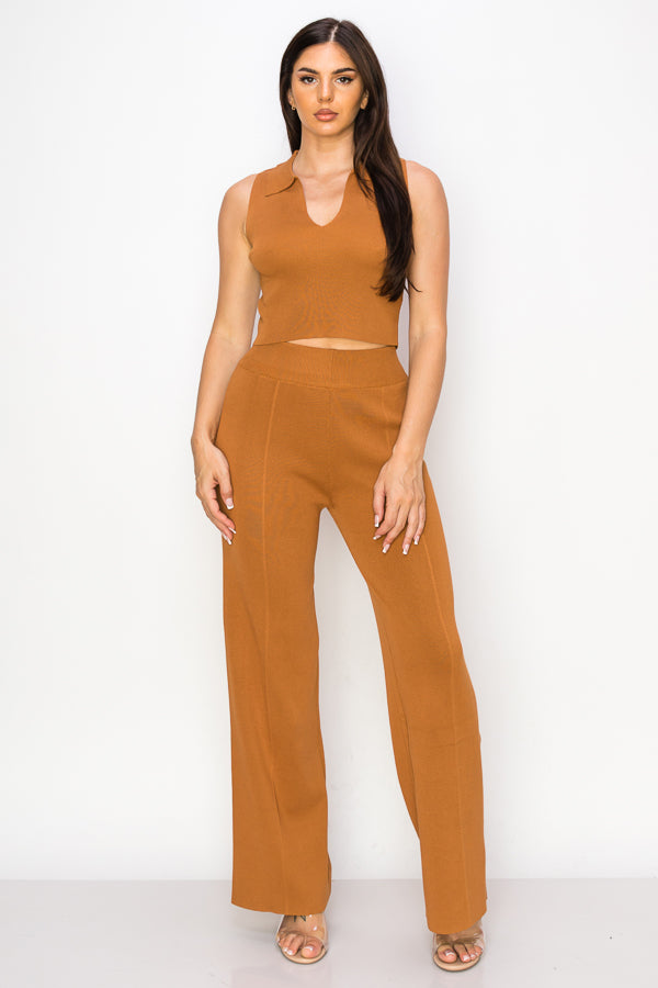 Sleeveless Collar Crop Top and Pants Set