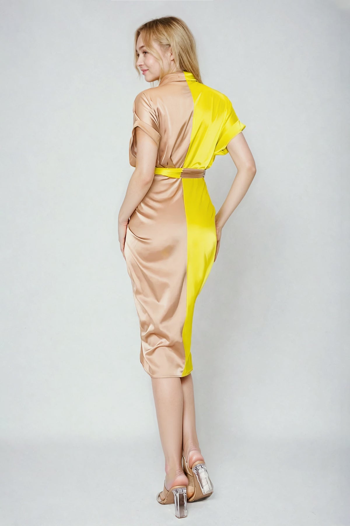 2 Tone Pleated Cuff Short Sleeve Dress