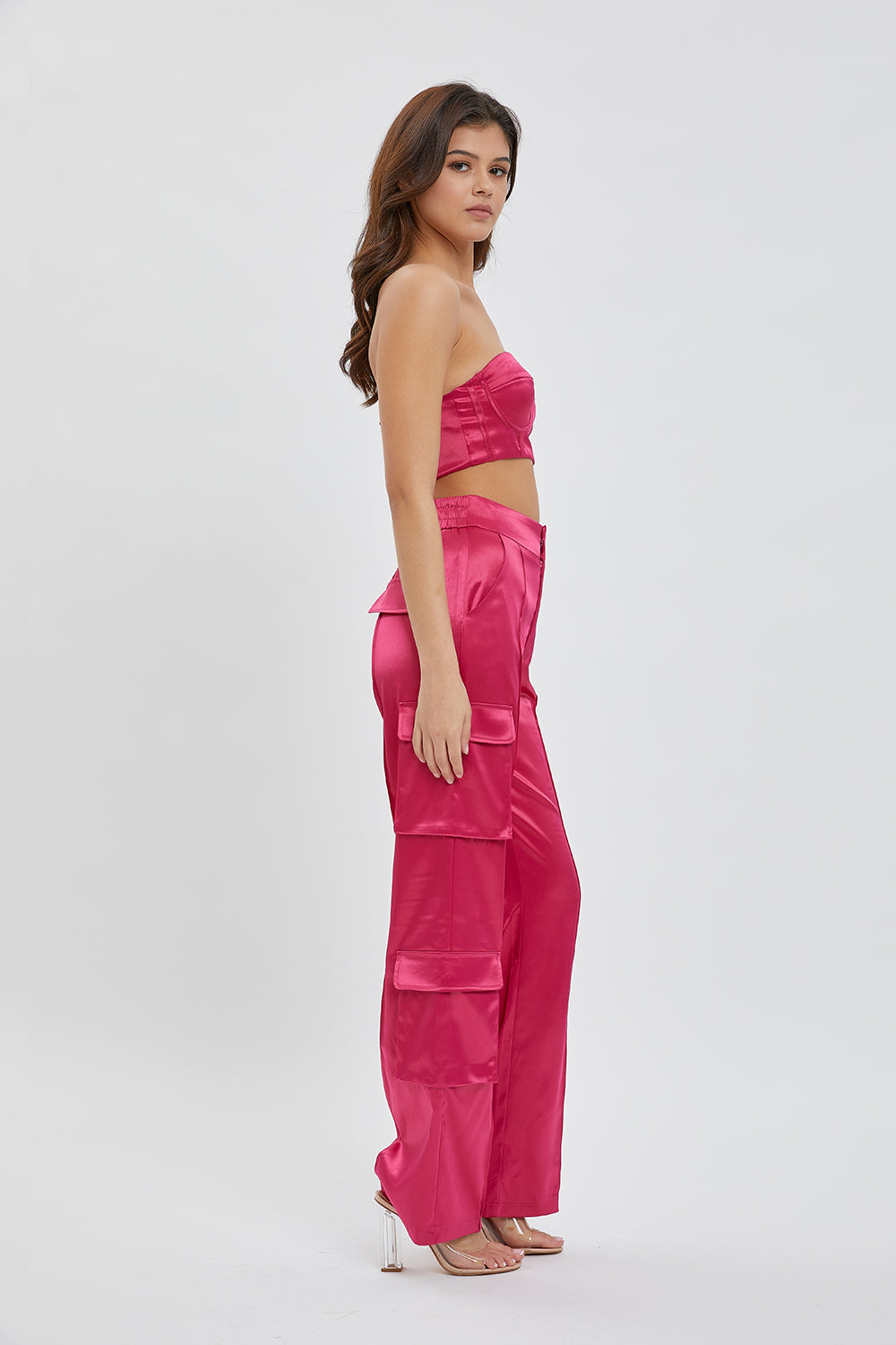 Corset Tube Bra Top and Satin Cargo Pants Set