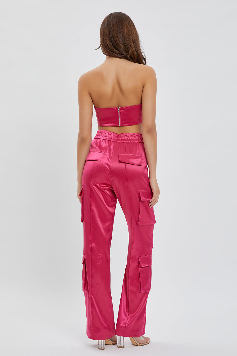 Corset Tube Bra Top and Satin Cargo Pants Set