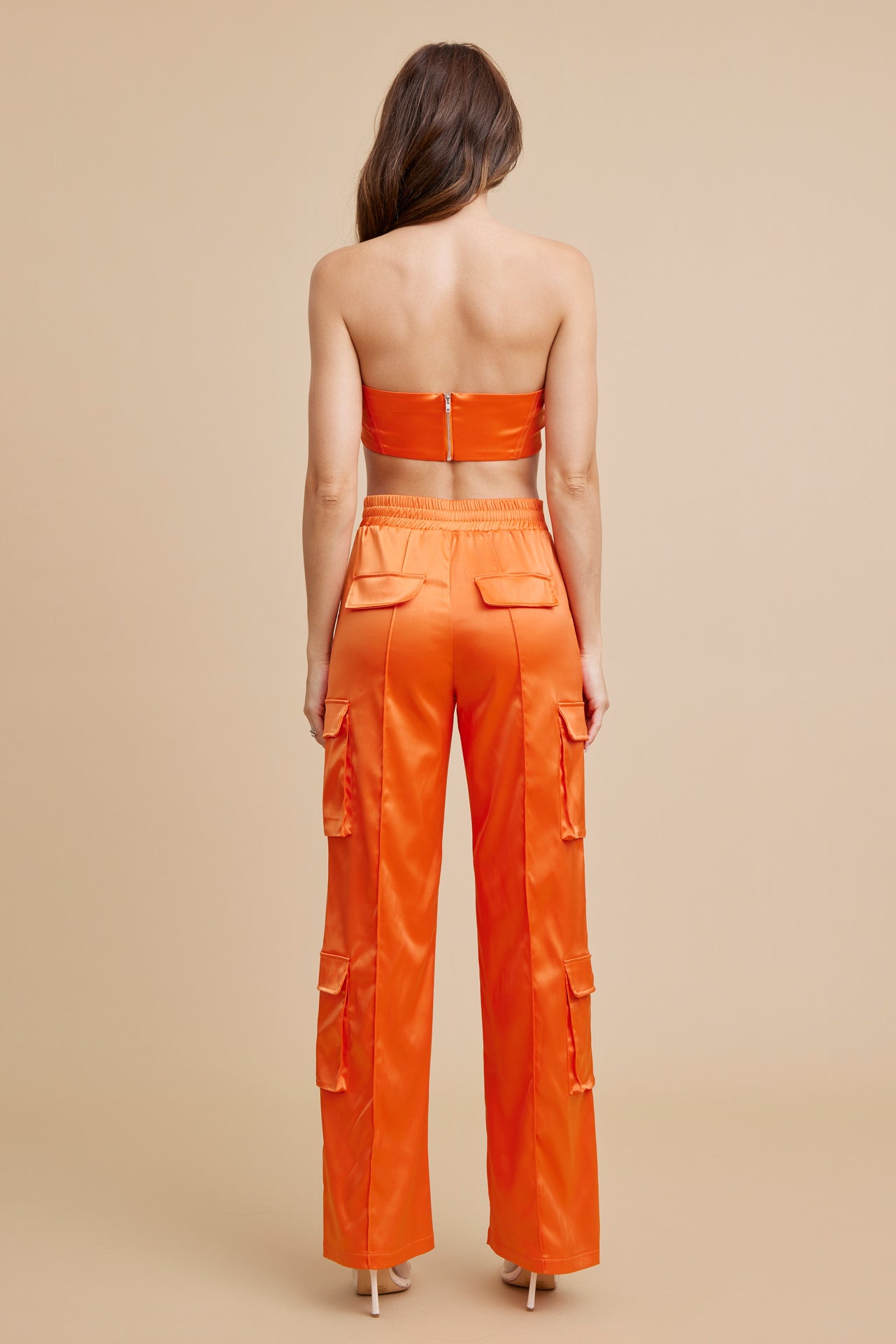 Corset Tube Bra Top and Satin Cargo Pants Set