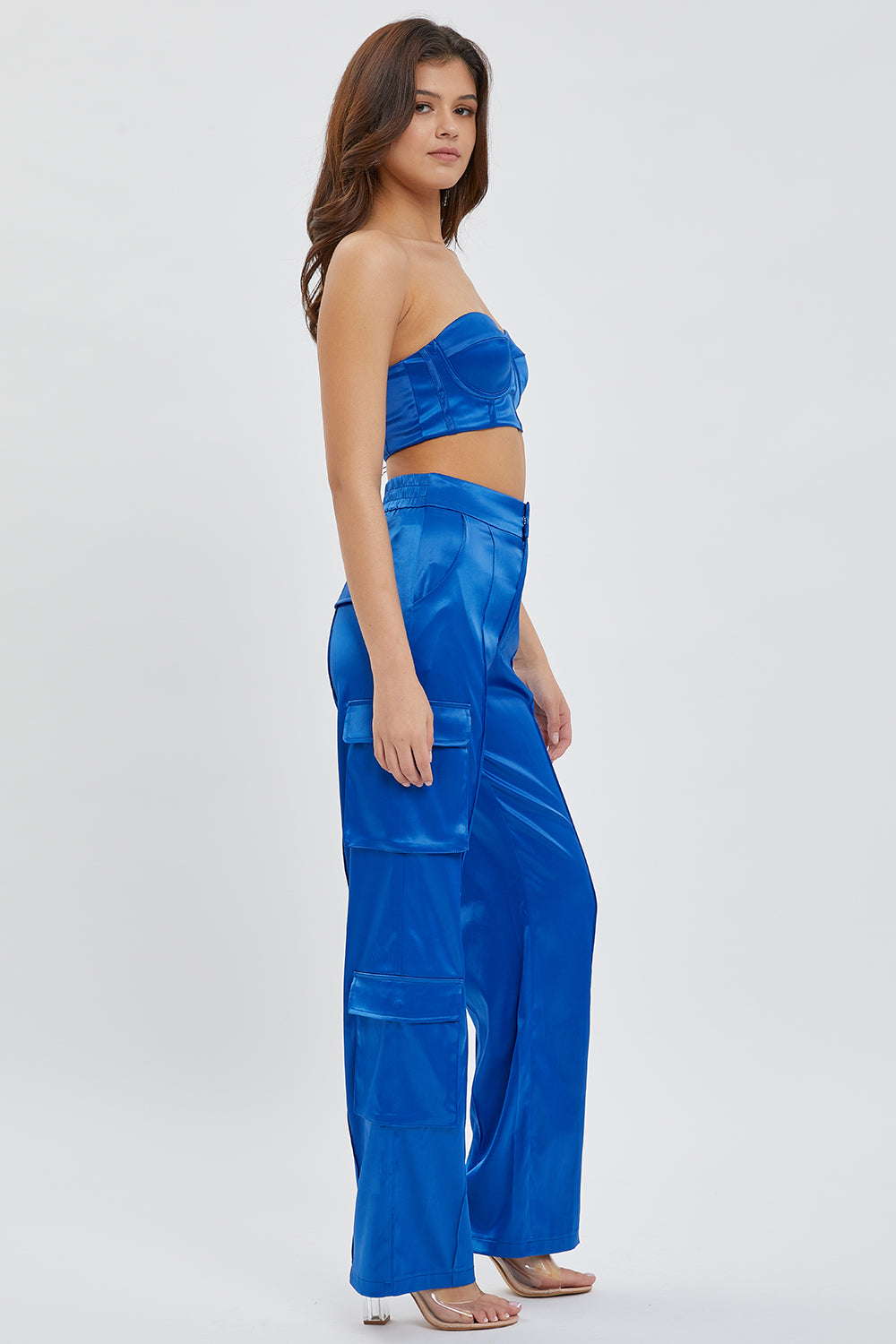 Corset Tube Bra Top and Satin Cargo Pants Set