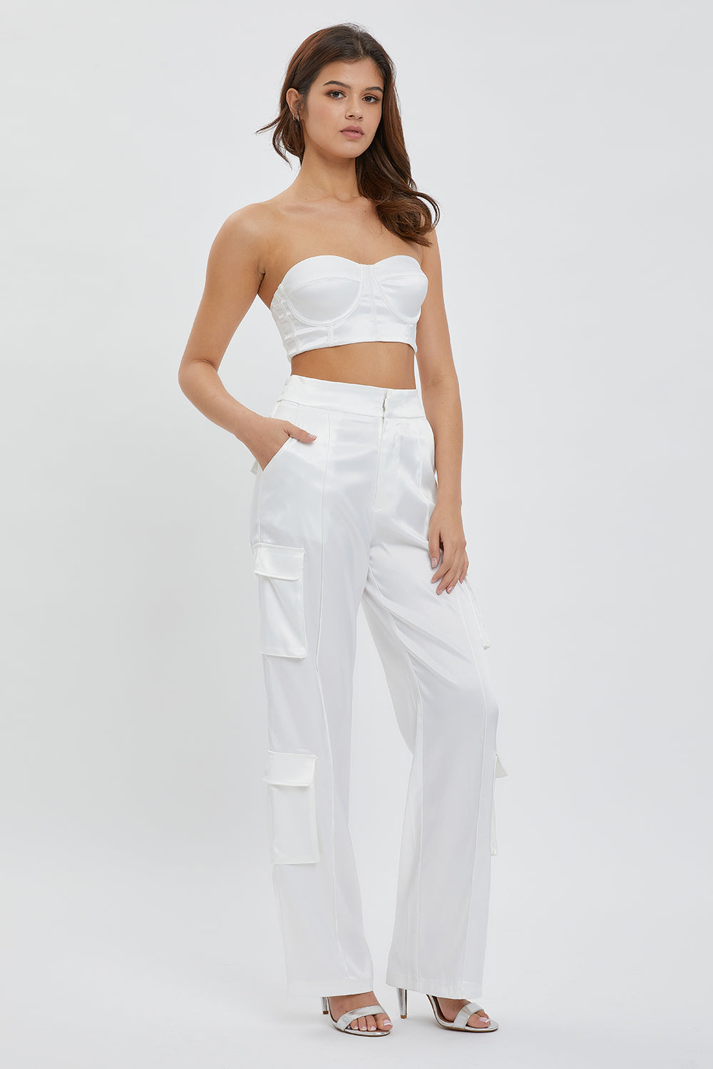 Corset Tube Bra Top and Satin Cargo Pants Set