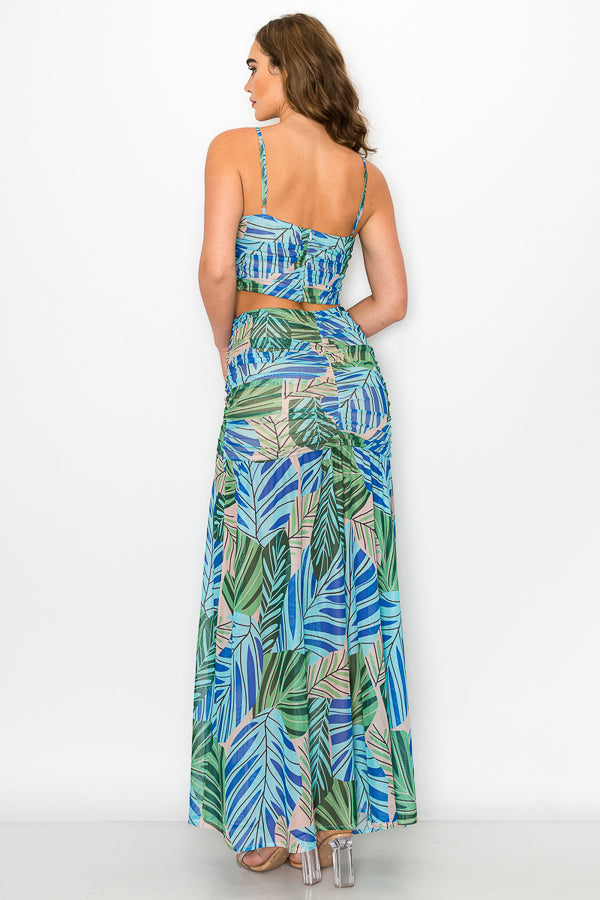Print Mesh Sleeveless Top & Slit Detail Skirt Set