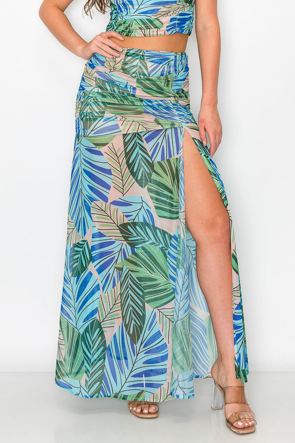 Print Mesh Sleeveless Top & Slit Detail Skirt Set