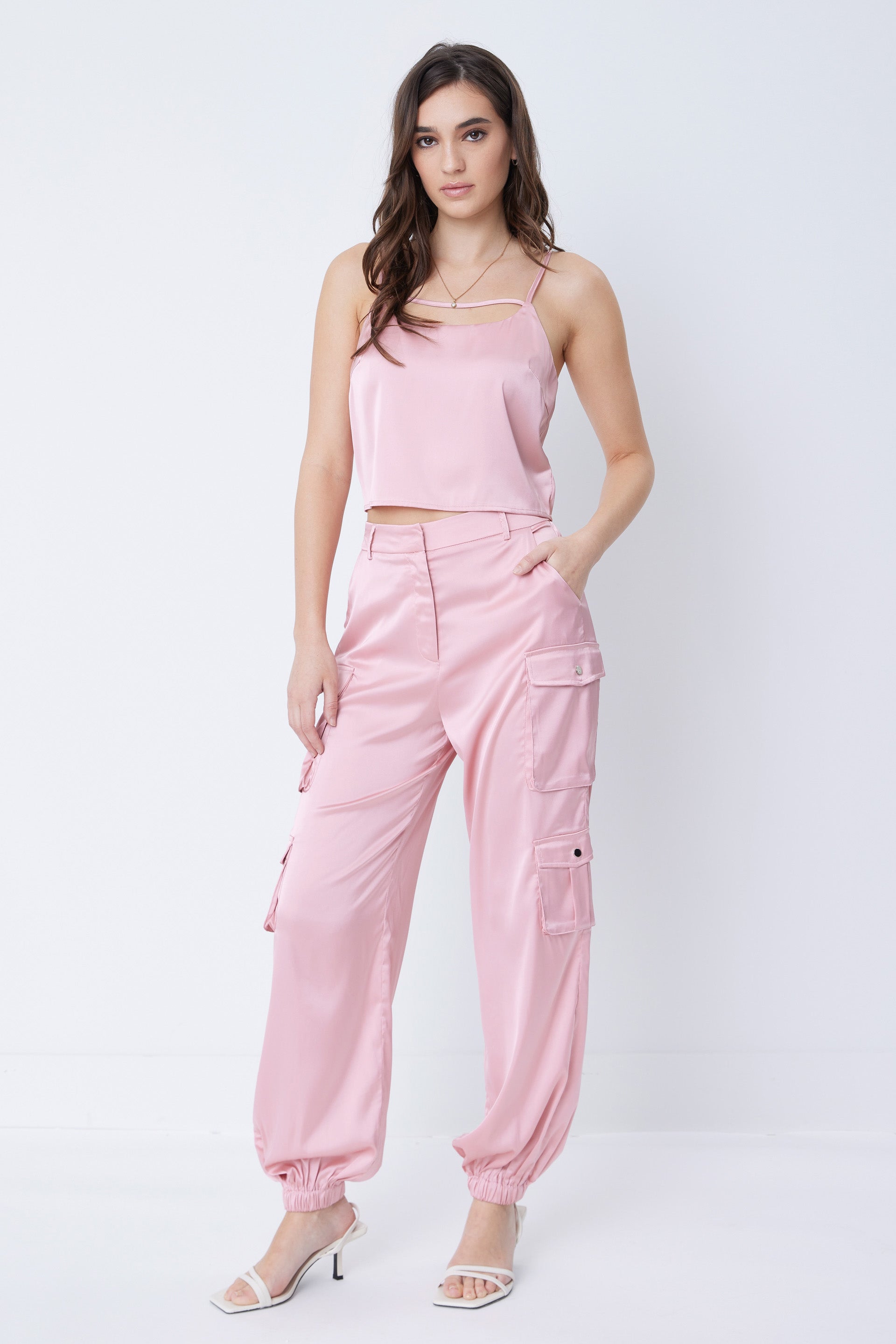 Woven Satin Cami Top With Cargo Pants Set