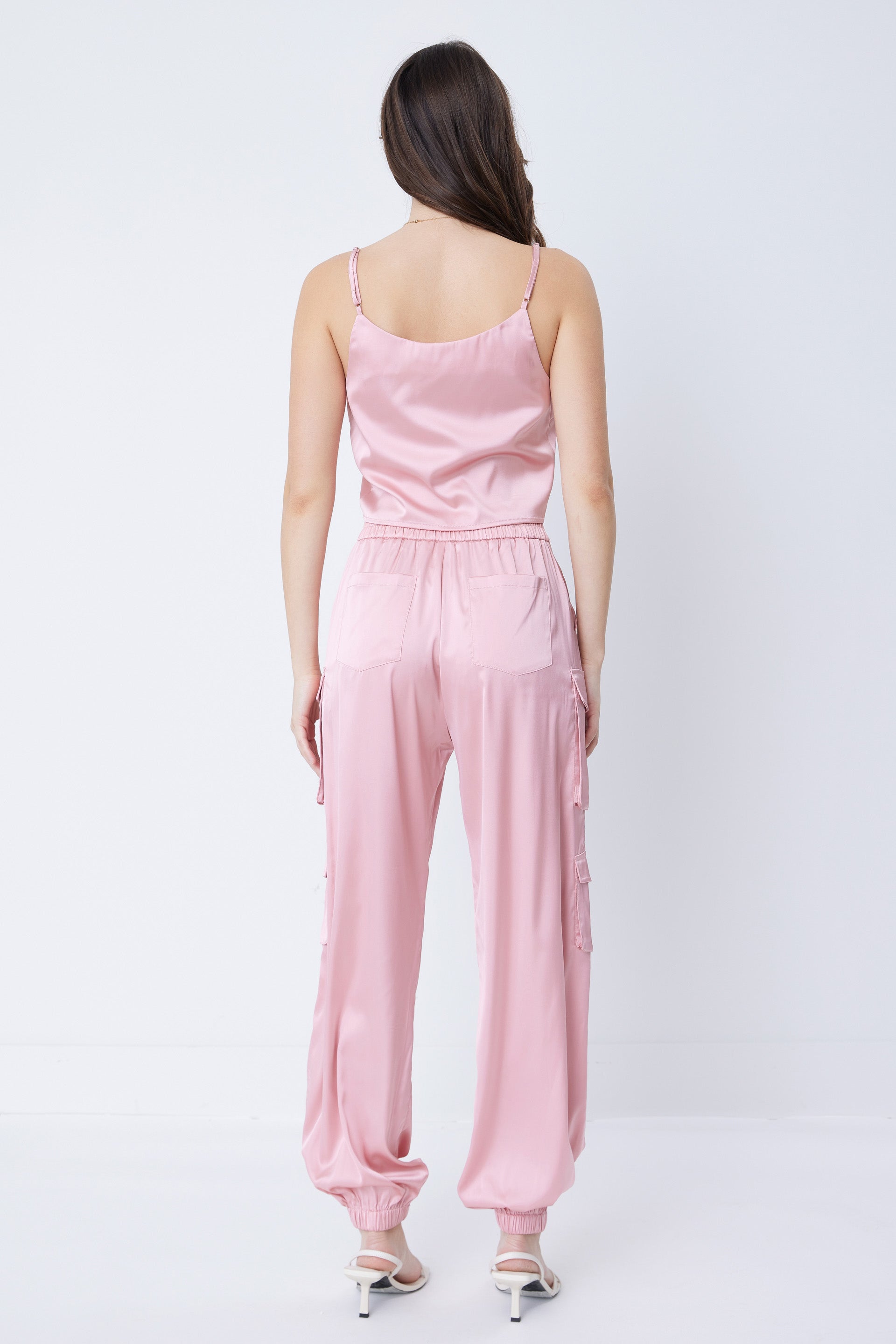 Woven Satin Cami Top With Cargo Pants Set