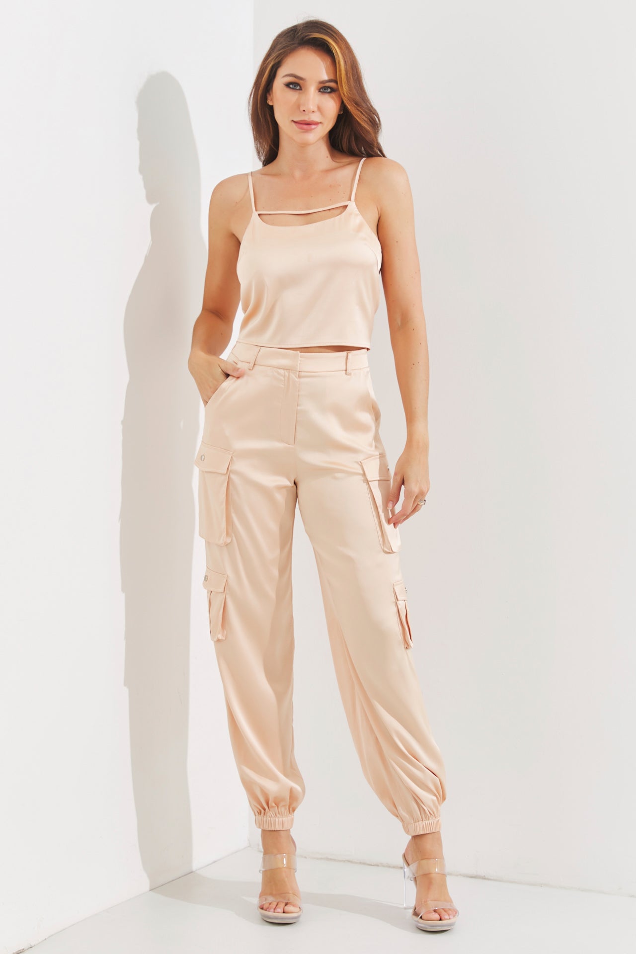 Woven Satin Cami Top With Cargo Pants Set