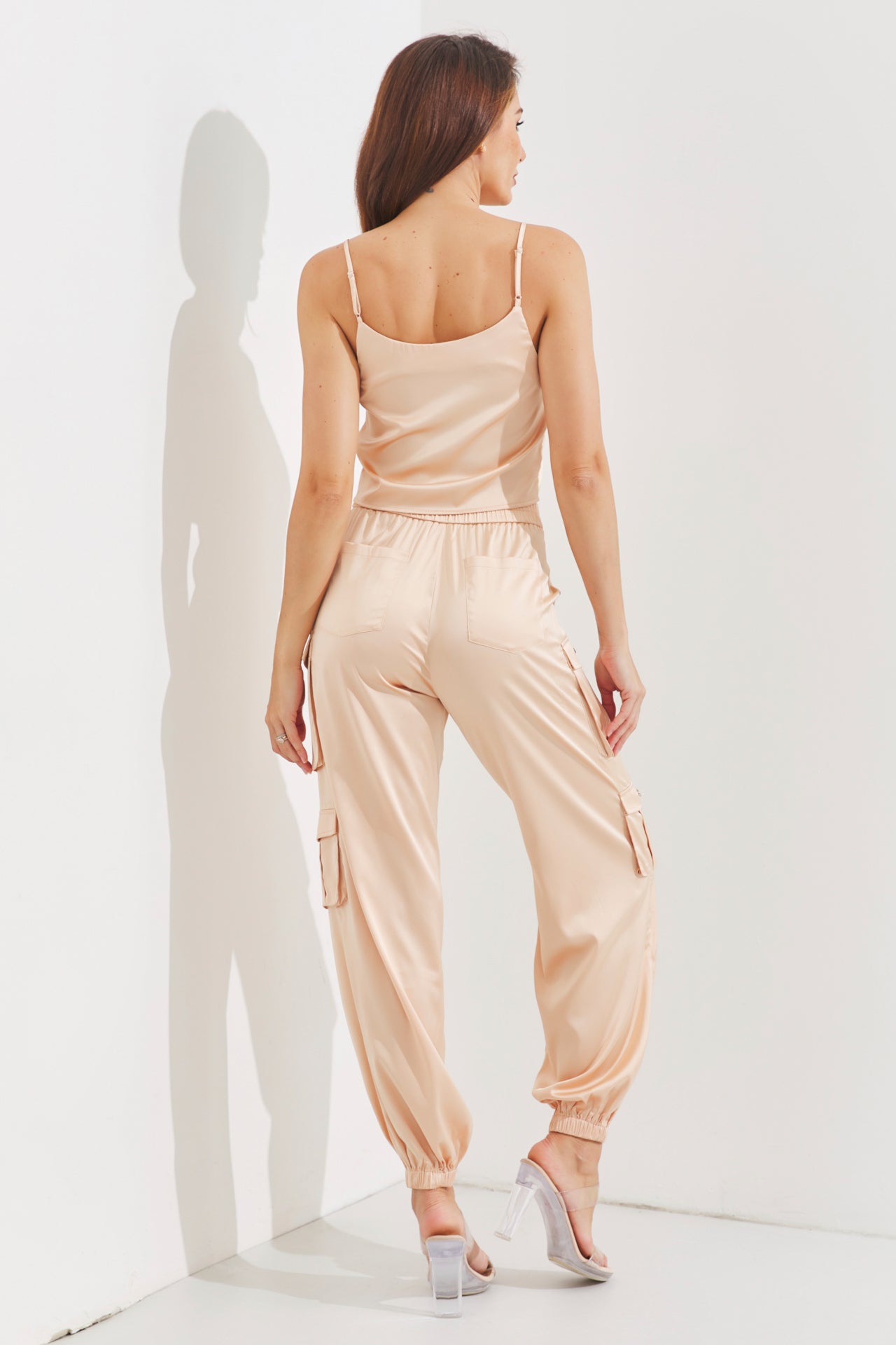 Woven Satin Cami Top With Cargo Pants Set
