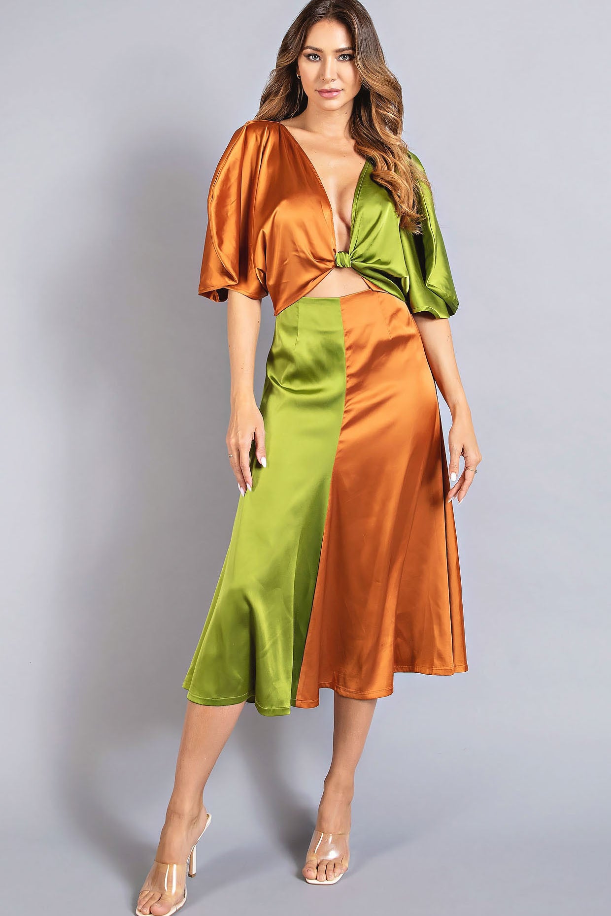 Satin Color Block Midi Dress