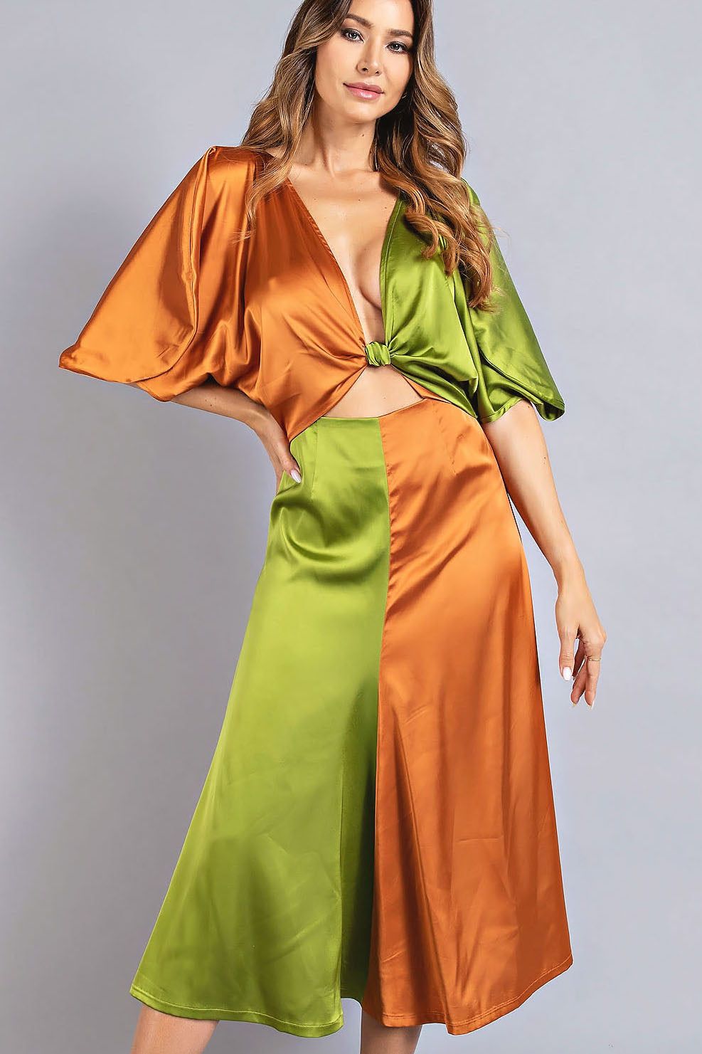 Satin Color Block Midi Dress