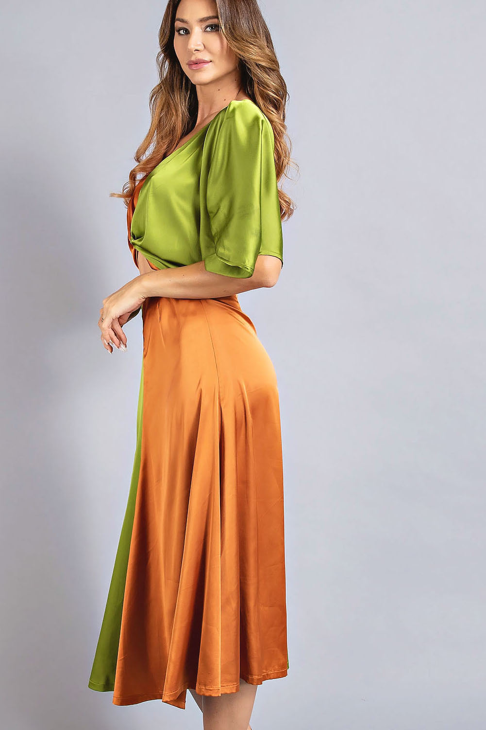 Satin Color Block Midi Dress