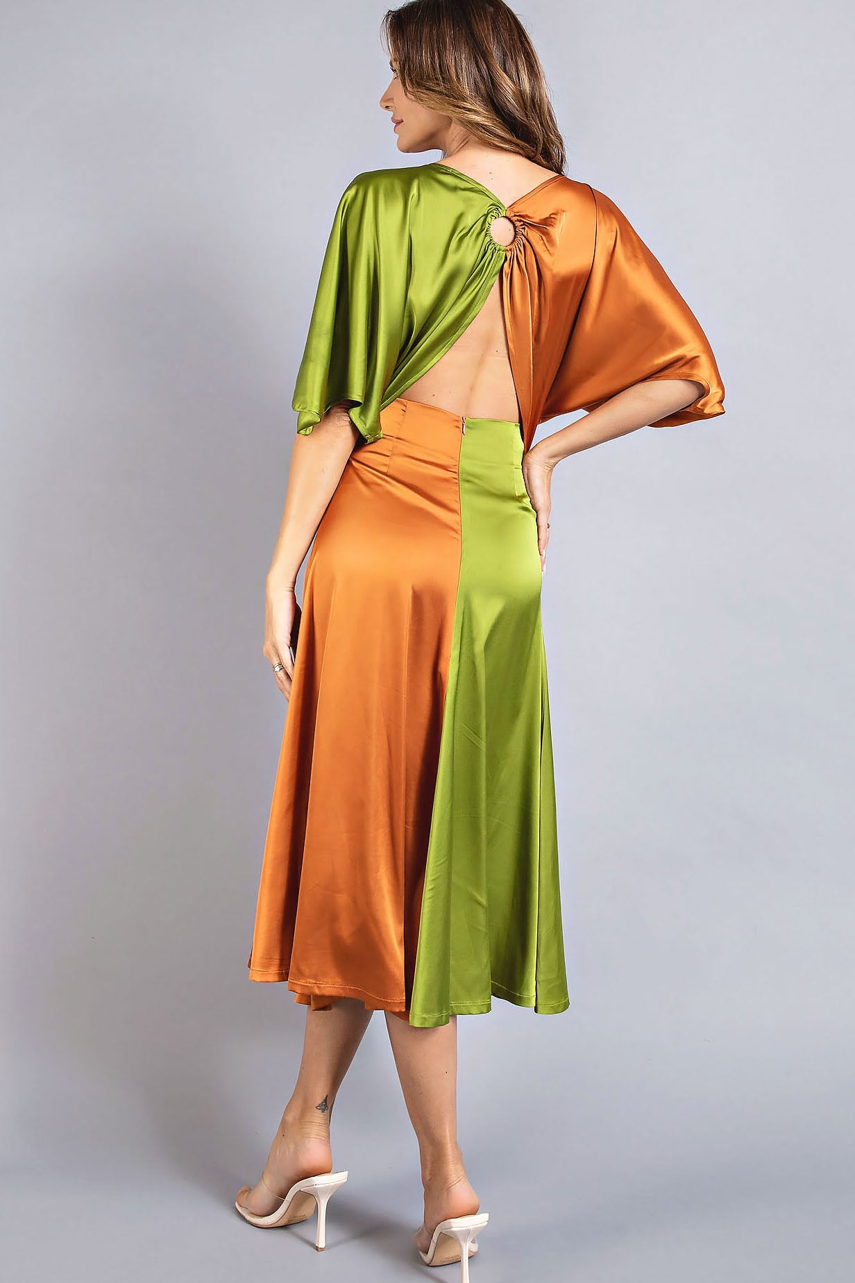 Satin Color Block Midi Dress