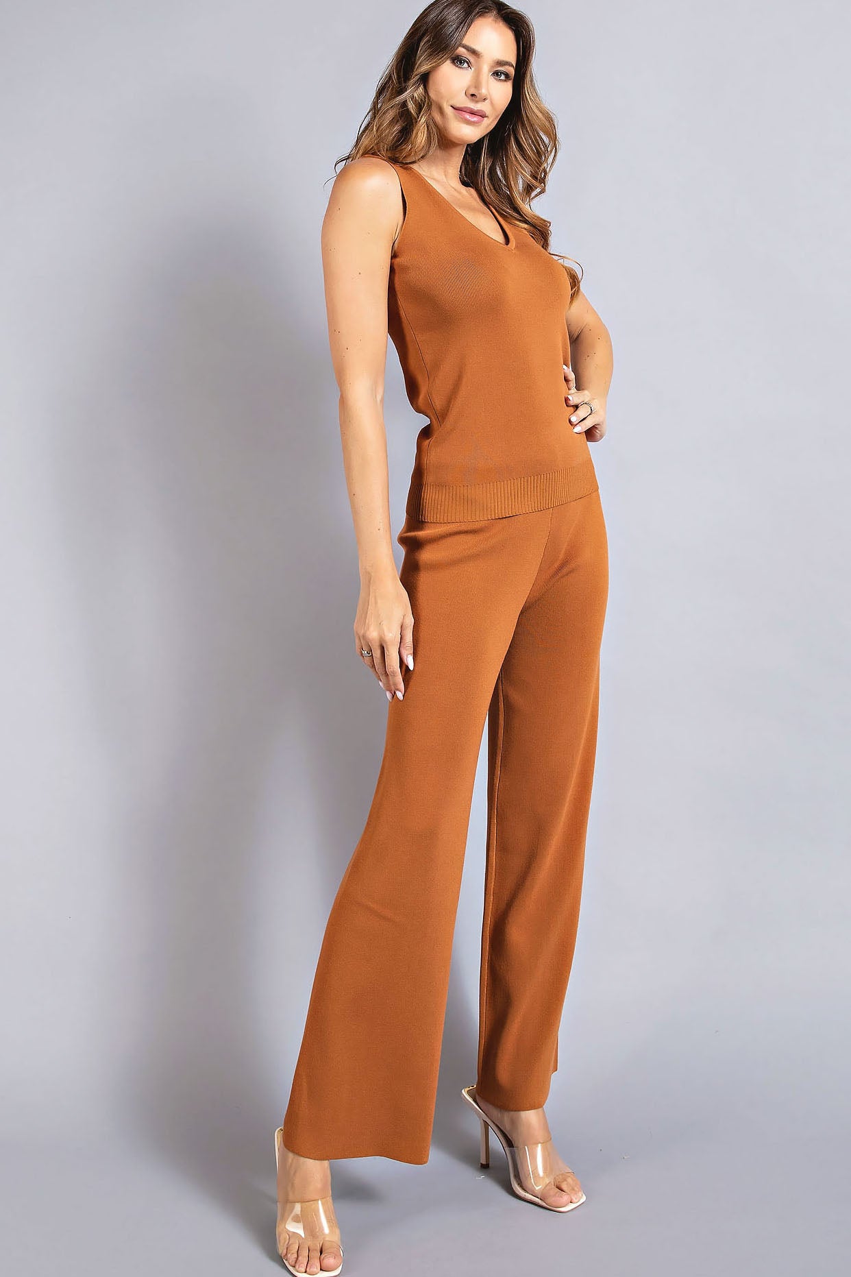 Ribbed Knit Top And Bottom Set