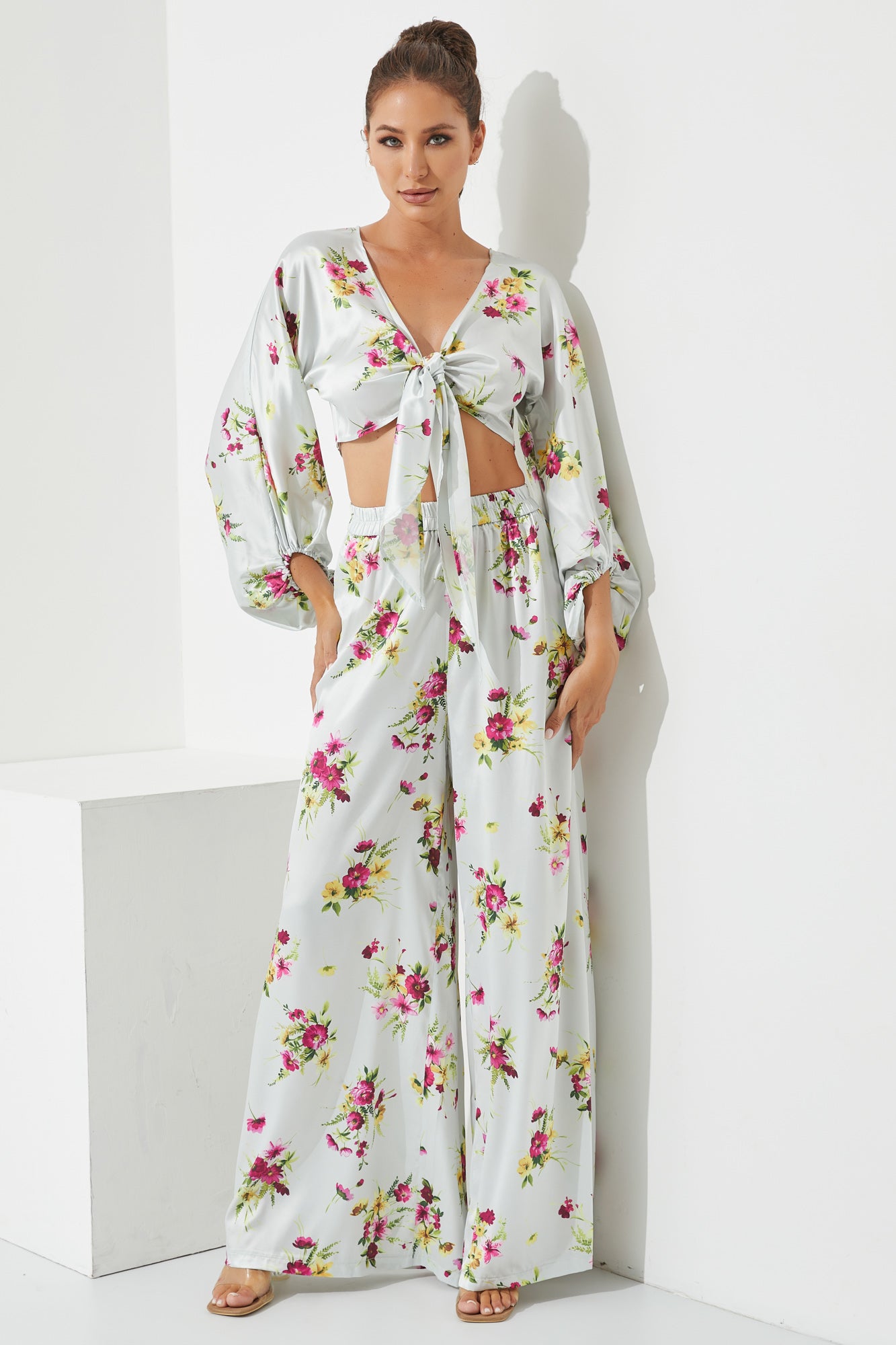 Woven Floral Print Top and Pants Set