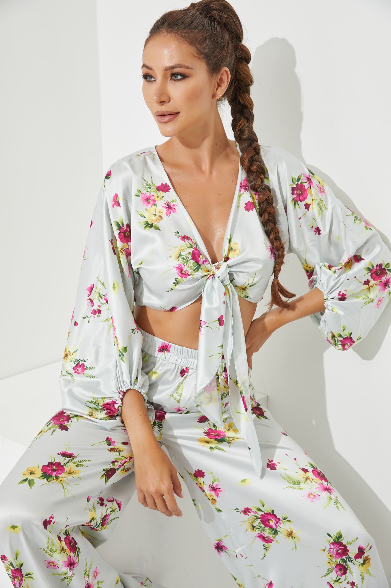Woven Floral Print Top and Pants Set