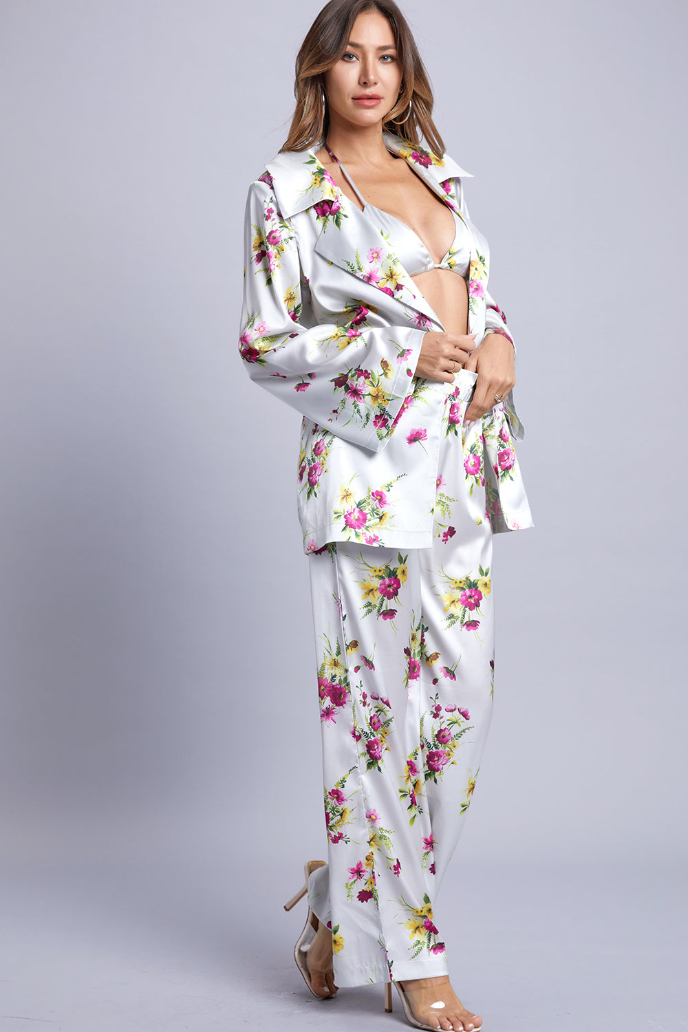 Satin Floral Print 3 Piece Set
