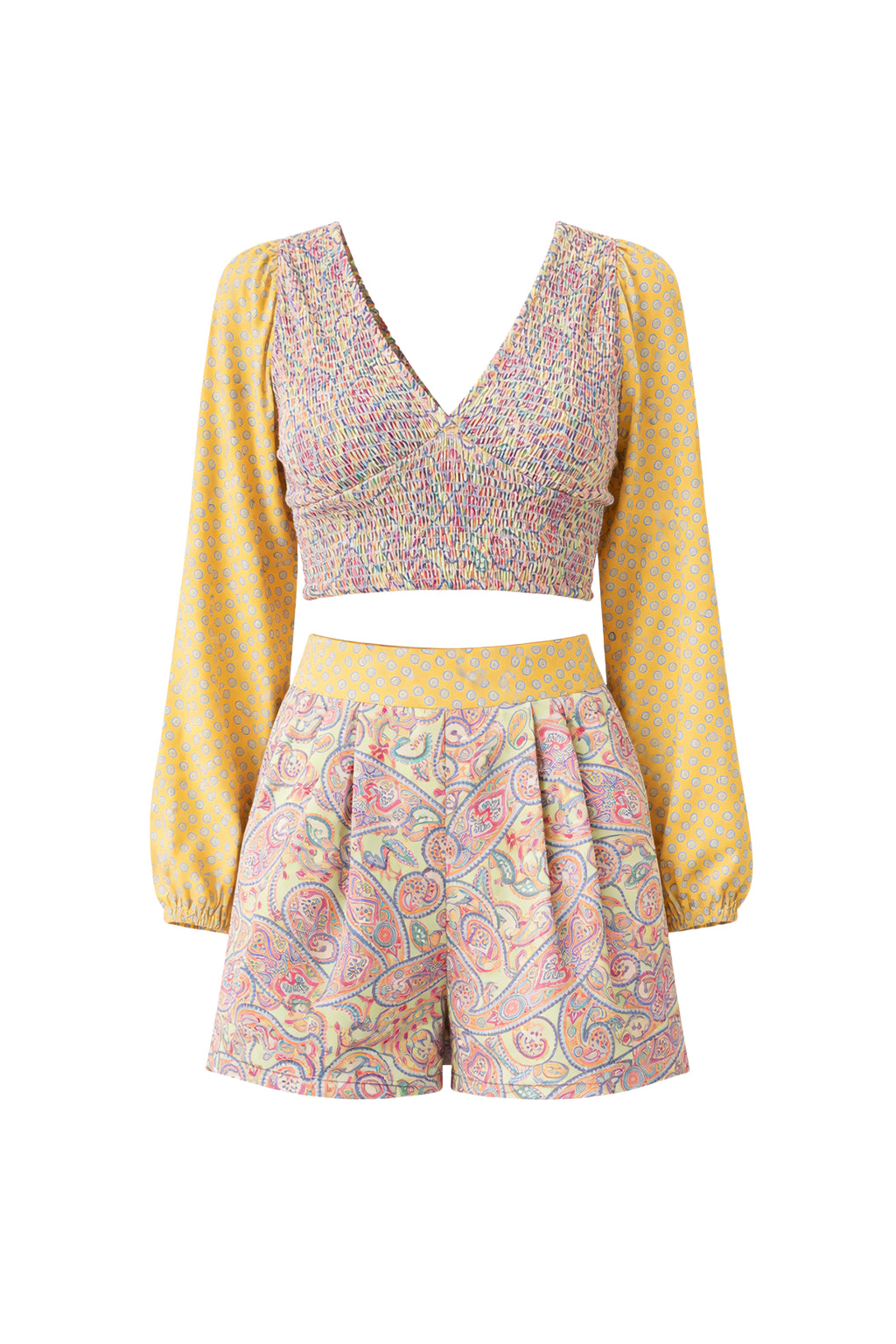 Whimsy Paisley Long Sleeve Crop Top & Shorts Set