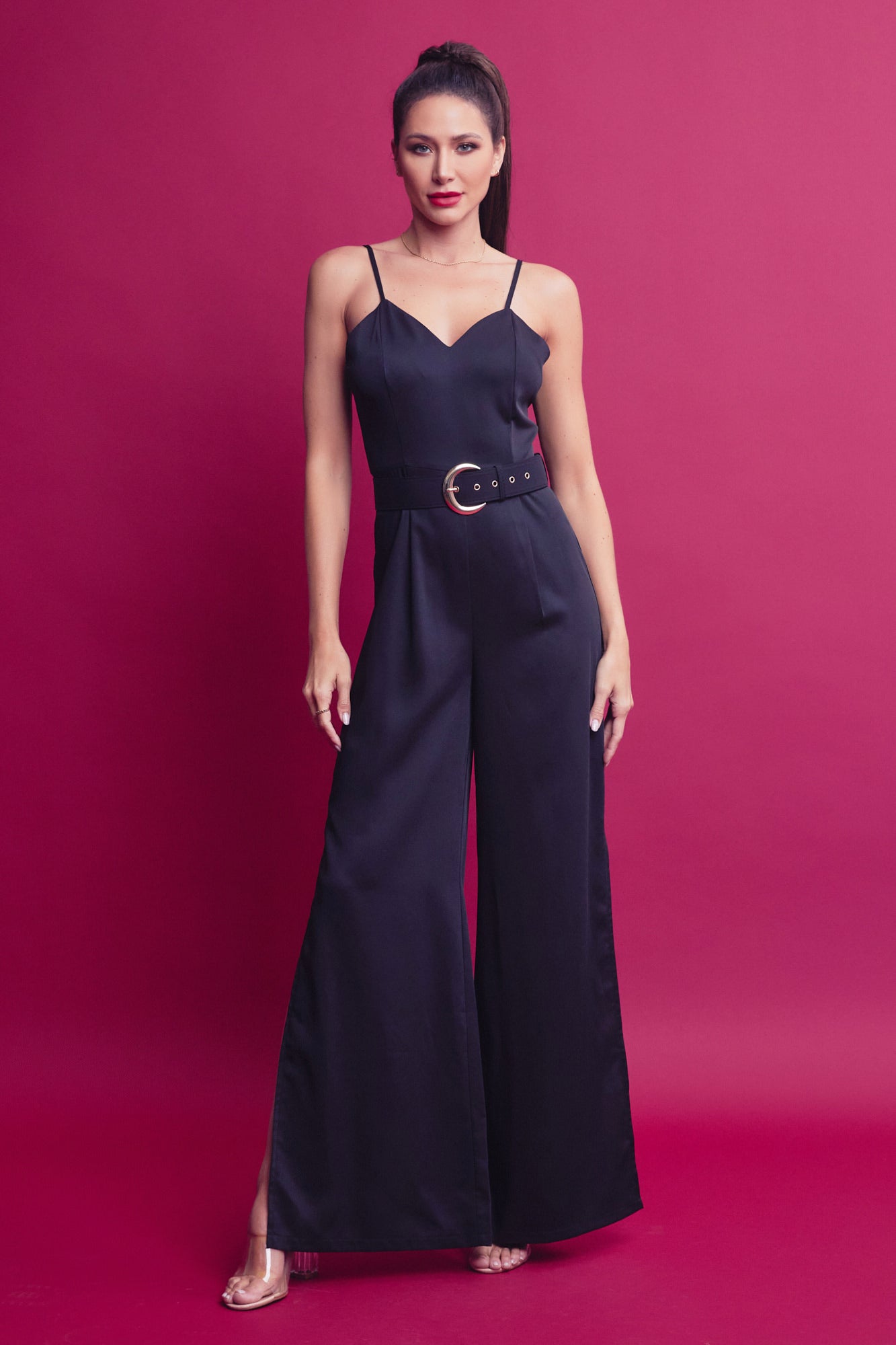 Woven Strappy Jumpsuit With High Side Leg Slits