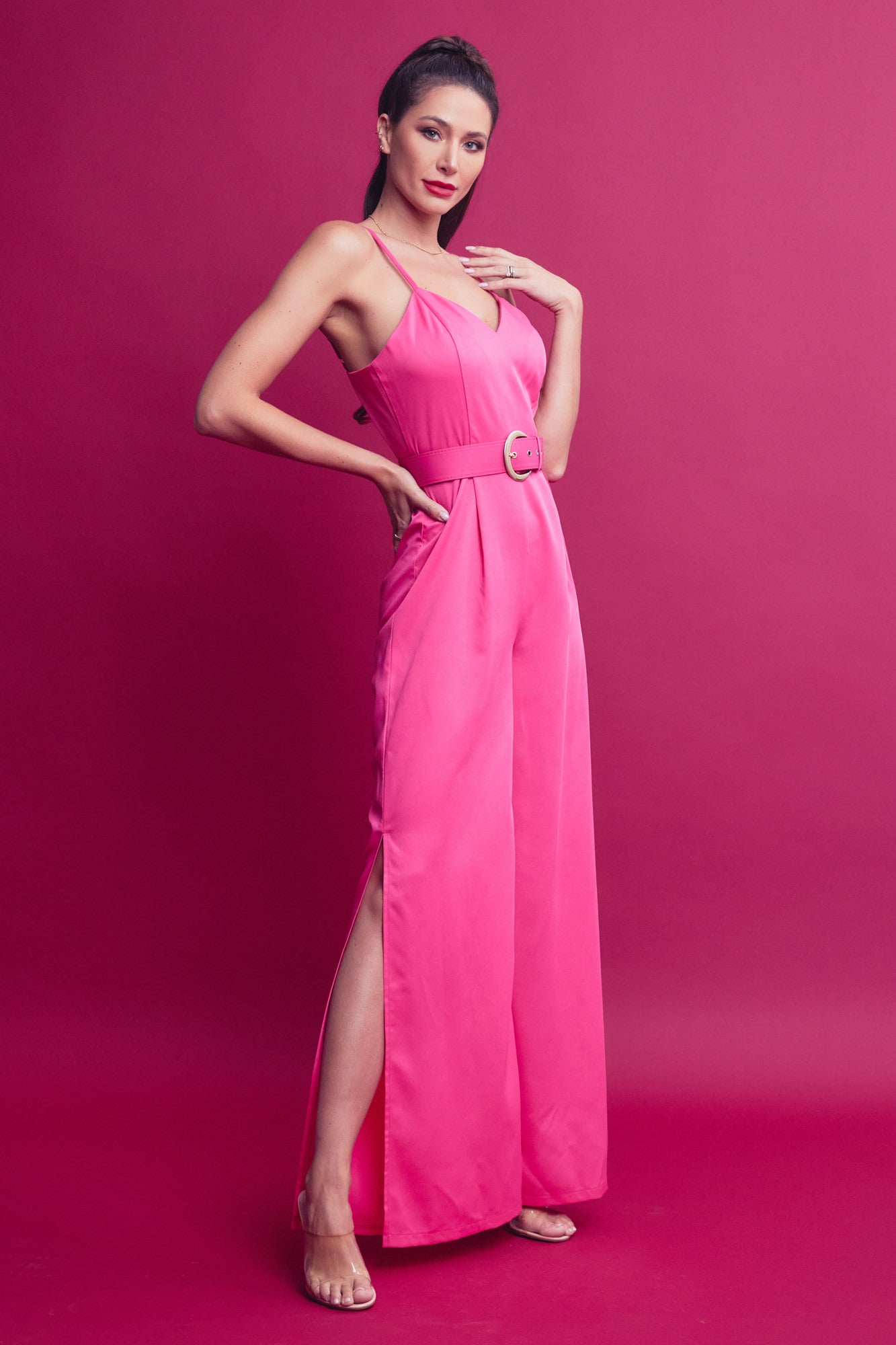 Woven Strappy Jumpsuit With High Side Leg Slits