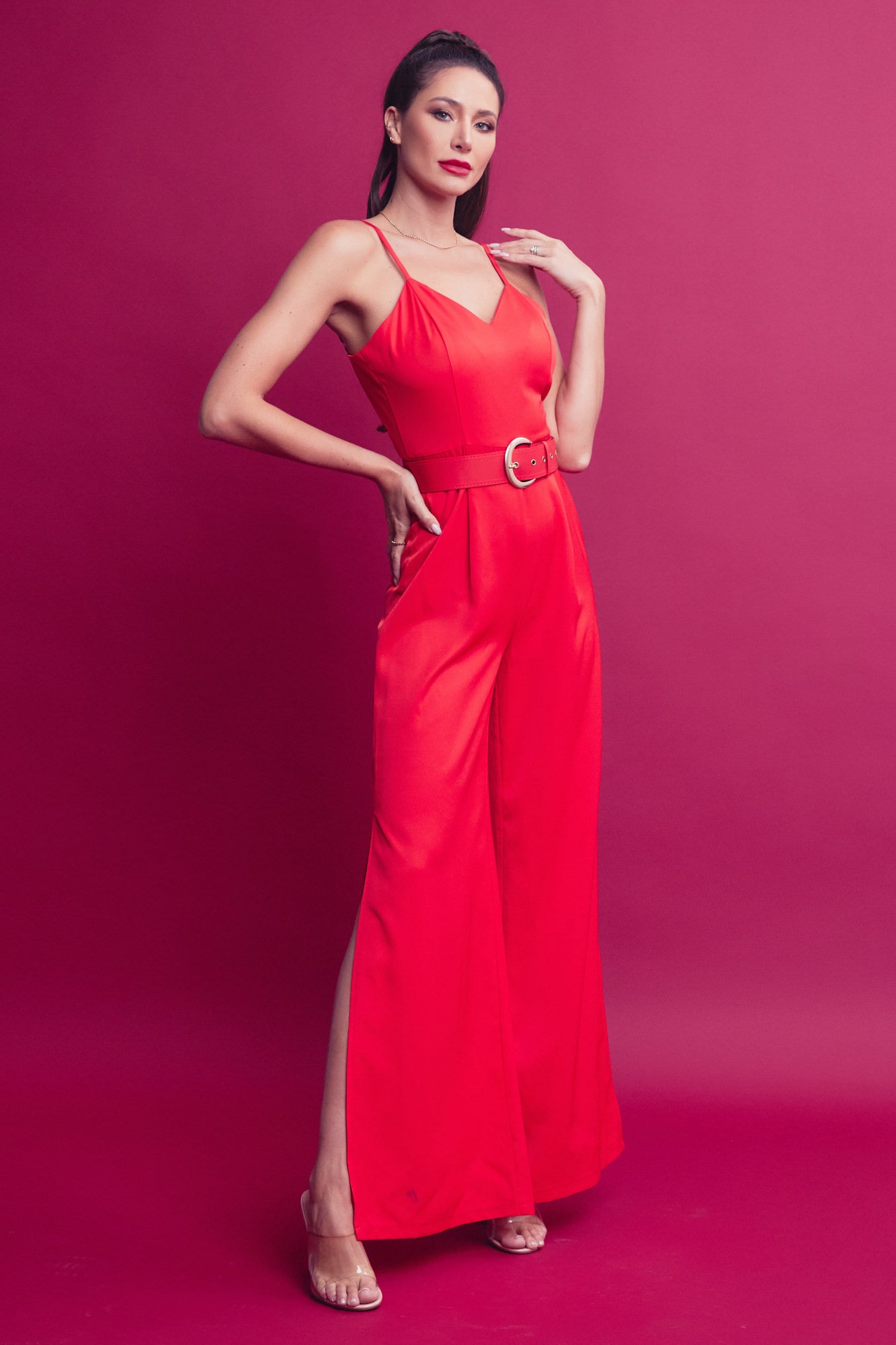Woven Strappy Jumpsuit With High Side Leg Slits