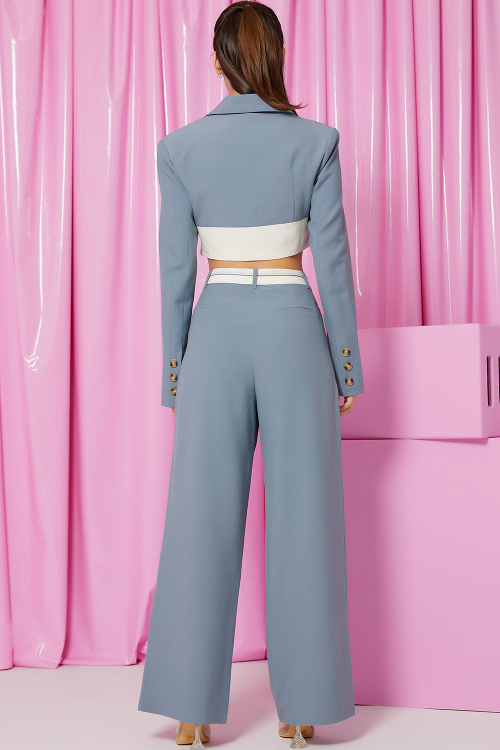 Conjunto de blazer corto con cintura en contraste y pantalones