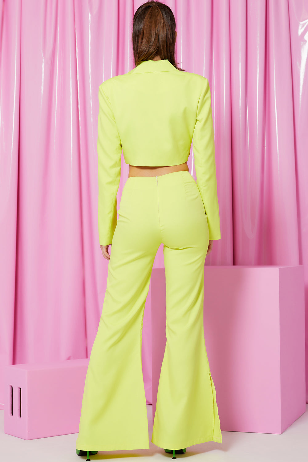 Woven Crop Blazer and Pants Set With Buckle Detail