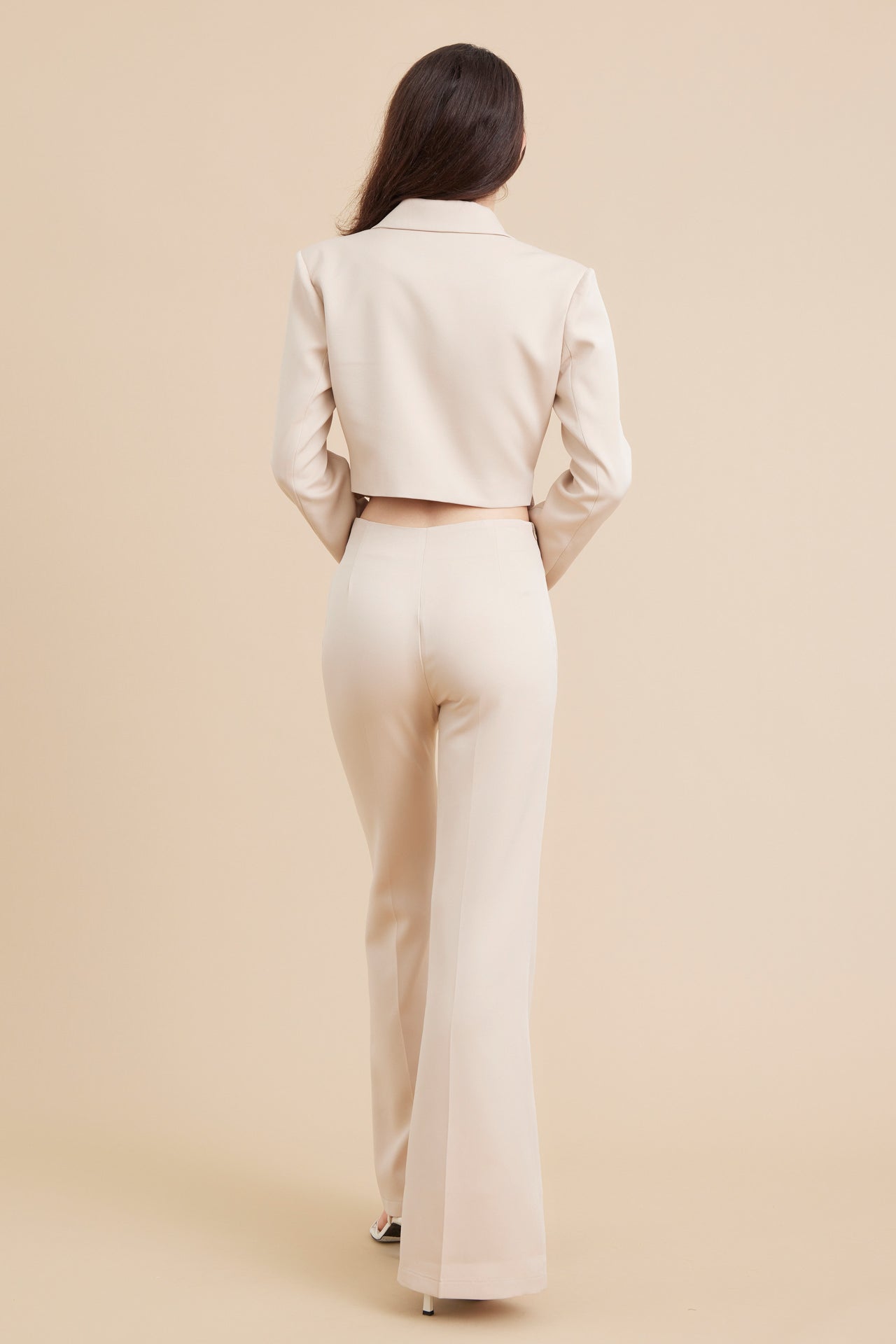 Woven Crop Blazer and Pants Set With Buckle Detail