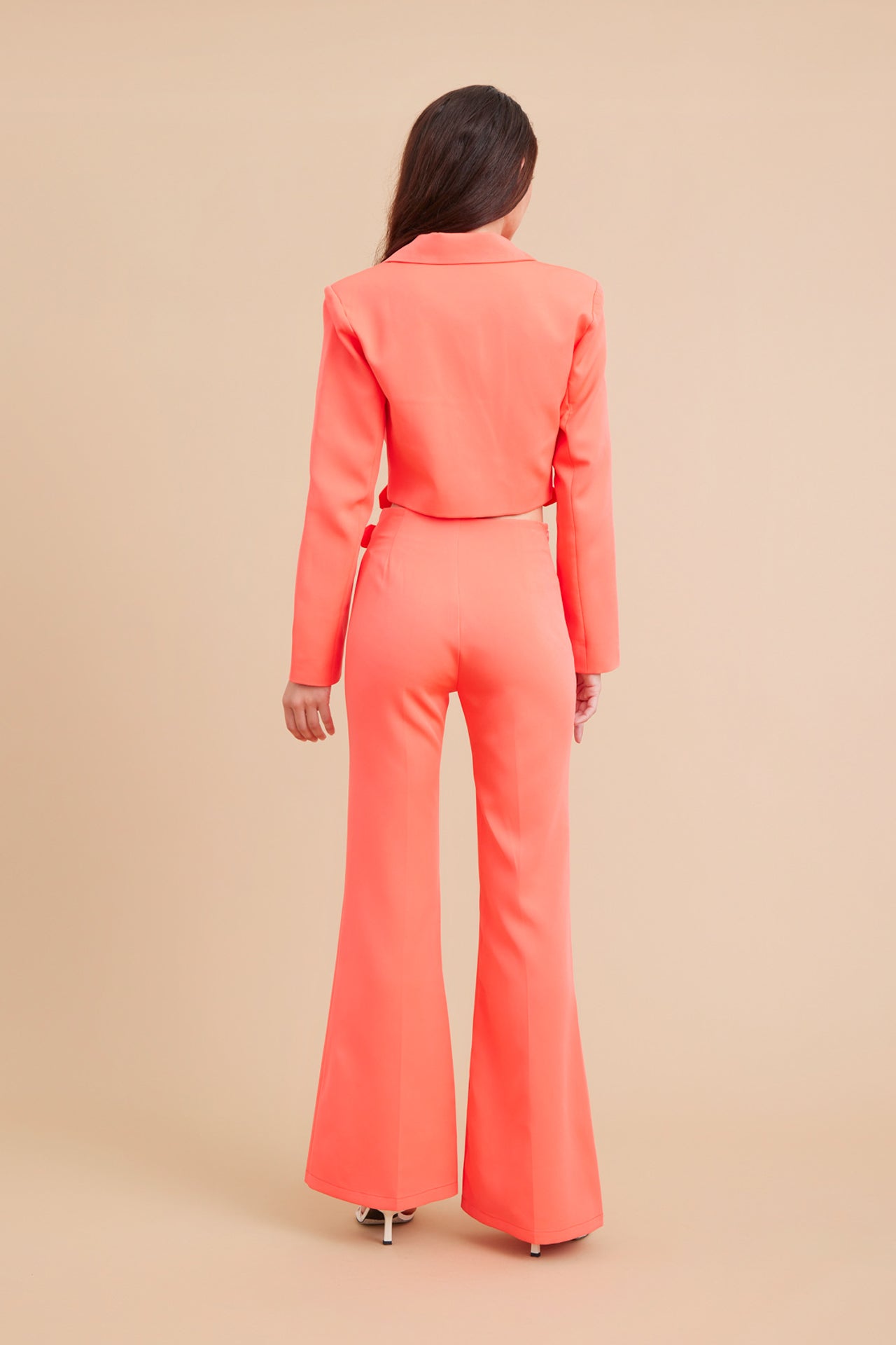 Woven Crop Blazer and Pants Set With Buckle Detail